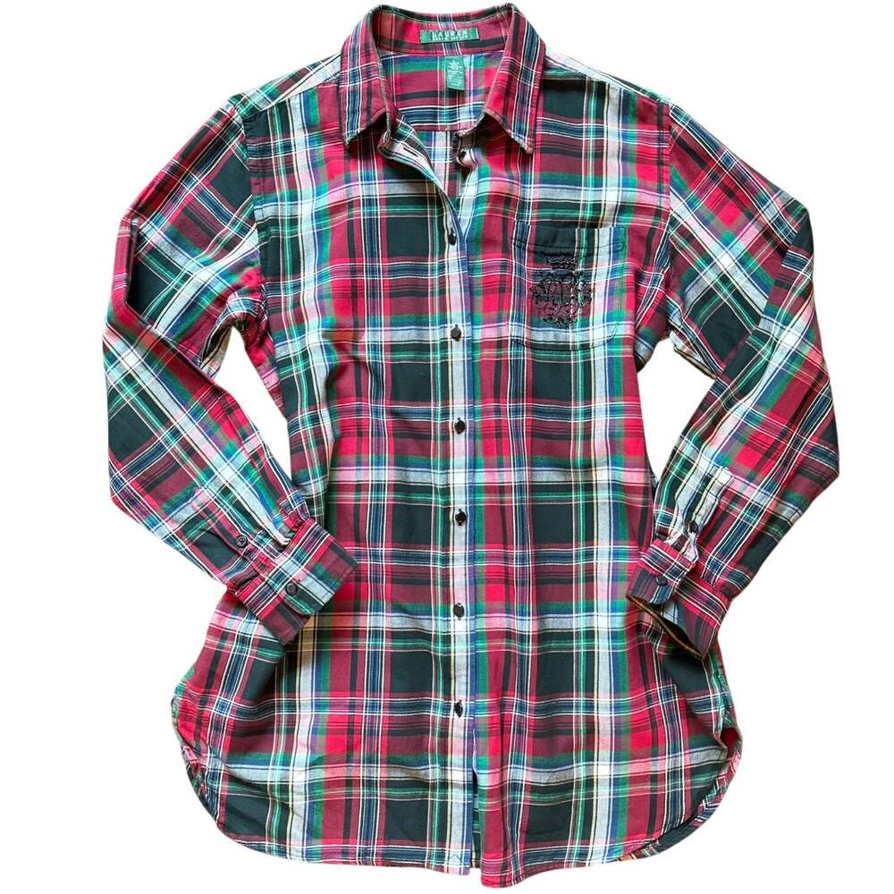 Lauren Ralph Lauren Plaid Button-Down Shirt Embroidered Crest Women’s Large